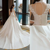 Ivory High Neck Ball Gown Lace Applique Cheap Wedding Dress OK801
