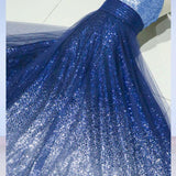 A-line Spaghetti Strap Sleeveless Royal Blue Tulle Sequins Modest Long Prom Dresses OK616