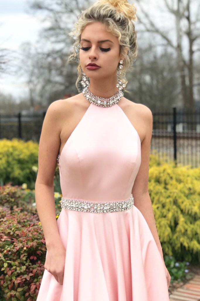 Fashion A-line Pink High Neck Sexy Back Cheap Beading Prom Dresses OKA15