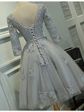 Gray A Line Homecoming Dress with Half Sleeves,Lace Appliqued Short Prom Dresses OK463