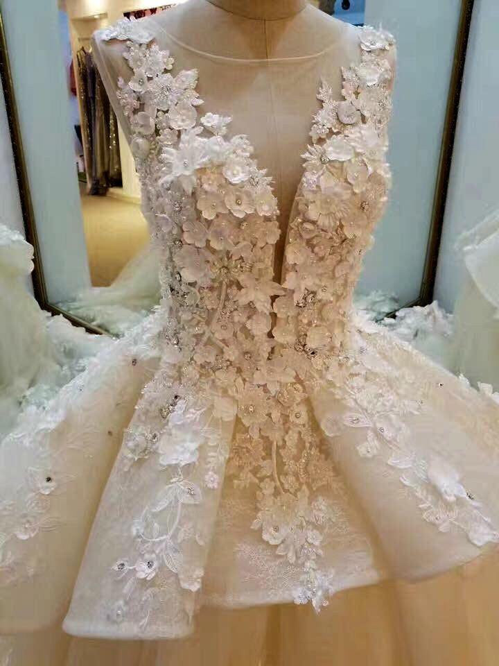 Princess Lace Appliqued Flowers Chapel Train Wedding Dress,Pretty Bridal Gown OK222
