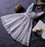 Princess Gray V-neck Lace Appliqued Homecoming Dress,Grey Tulle Short Prom Dresses OK302