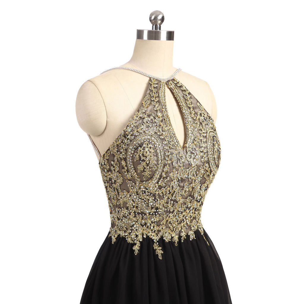 Black Chiffon Gold Beading Lace Halter Backless Homecoming Dress For Teens OK373
