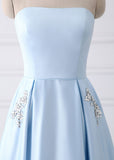 Simple A-line Strapless Long Crystal Light Blue Cheap Prom Dress with Pocket OK669