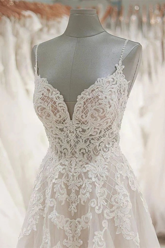 A Line Spaghetti Straps Tulle Wedding Dress Appliqued Cheap Bridal Dresses OKN94