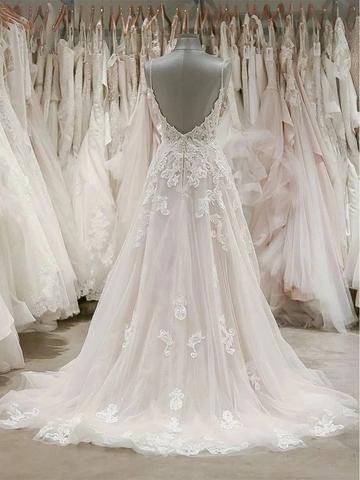 A Line Spaghetti Straps Tulle Wedding Dress Appliqued Cheap Bridal Dresses OKN94