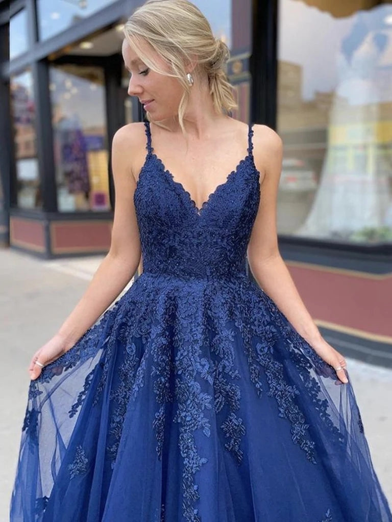 Dark Blue Tulle Lace Applique Spaghetti Straps Long Prom Dress Evening Dress OKT81