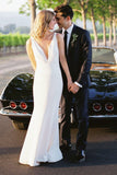 Elegant Sheath V Neck Off White Wedding Dress Simple Beach Wedding Gown OKX57