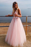 Pink V Neck Tulle Lace Appliques Long Prom Dress A-line Beading Evening Dress OKX29