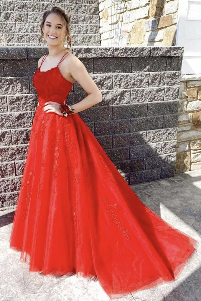 Red Lace Appliques Spaghetti Straps Prom Dress A-line Long Formal Evening Dress OKX9