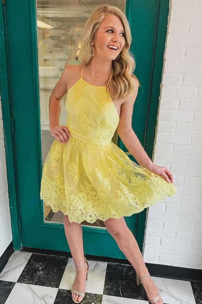 Backless Short Lace Appliques Prom Dress A-line Yellow Graduation Homecoming Dress OKX50