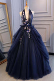 Princess Ball Gown Dark Blue Tulle Halter Prom Dress Deep V Neck Backless Evening Dresses OKI90