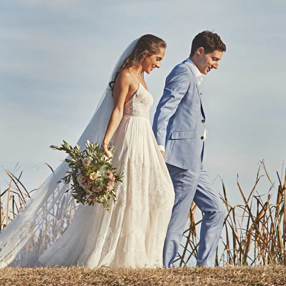 Stunning Tulle A-line Long Beach Wedding Dress Spaghett Straps Backless Boho Bridal Gowns OKY97