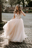 Beautiful Tulle A-line Off the Shoulder Wedding Dress With Lace Appliques OKY34