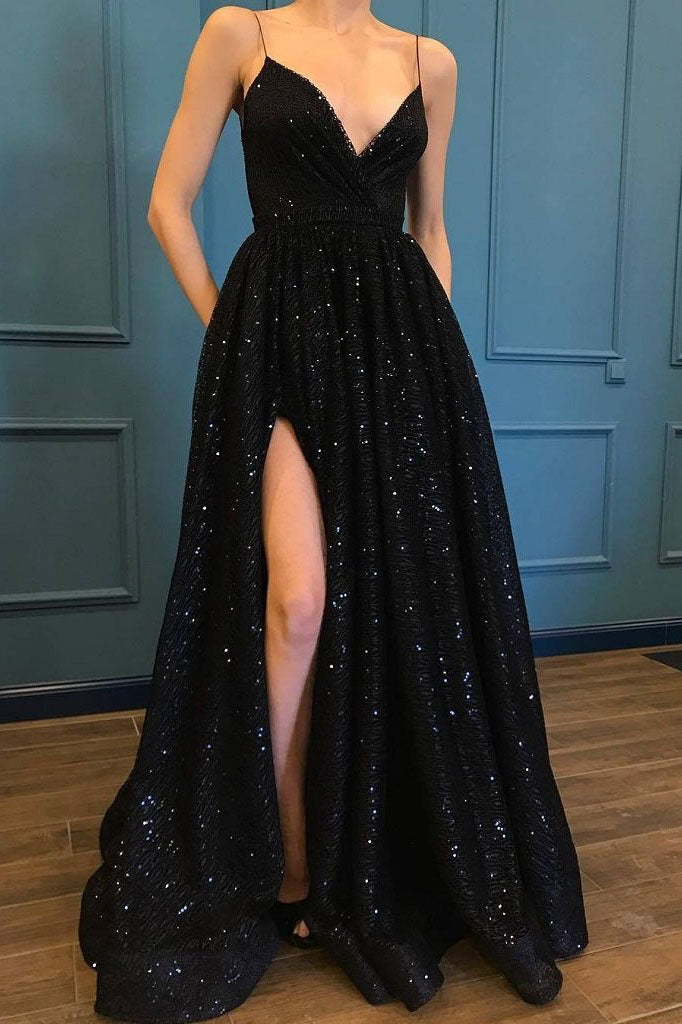 Black Sequins Side Slit A-line Spaghetti Straps Long Party Prom Dress OKV53