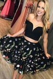 Black Two Piece Off Shoulder A Line Homecoming Dress with Flowers OKM37