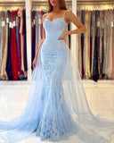Light Blue Lace Appliques Tulle Mermaid Long Prom Dress Formal Evening Dress OKZ9