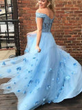 3D Flowers Blue Two Piece Graduation Gowns Off Shoulder A-line Long Prom Dress OKV72