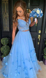 3D Flowers Blue Two Piece Graduation Gowns Off Shoulder A-line Long Prom Dress OKV72