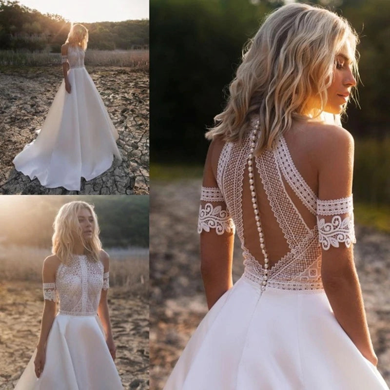 Off-Shoulder Boho Beach Bride Dress A-line Lace Top Princess Wedding Dresses OKV27