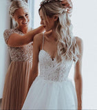Lace Appliques Spaghetti Straps A-line Boho Wedding Dress Beach Bridal Gown OKV38