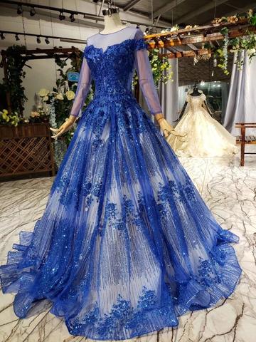 Charming Long Sleeve Tulle Royal Blue Applique Ball Gown Prom Dress with Beads OKN74