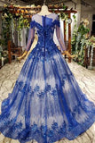 Charming Long Sleeve Tulle Royal Blue Applique Ball Gown Prom Dress with Beads OKN74