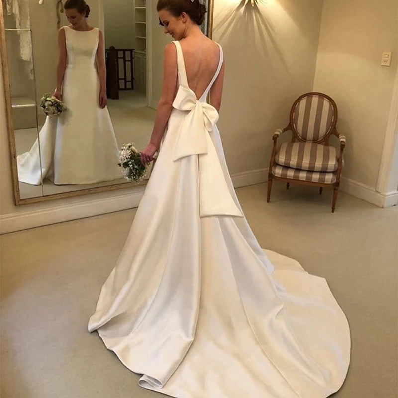 Cheapest Boho A-line Jewel Backless Wedding Dress Chapel Train Satin Bridal Dress OKX6