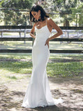Classic Soft Satin Mermaid Wedding Dress Spaghetti Straps Criss Cross Back Trumpet Bride Dress OKV64