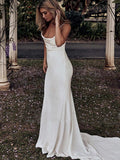 Classic Soft Satin Mermaid Wedding Dress Spaghetti Straps Criss Cross Back Trumpet Bride Dress OKV64
