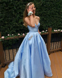 Sky Blue Cross Back Prom Dress Long Elegant V-neck Evening Dress OKW32