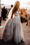Crystal Sweetheart 3D Floral Appliques Wedding Dress Formal A-line Beach Wedding Gown OKV9