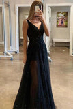 A-line V Neck Sparkly Sequins Black Long Prom Dress OKU59