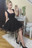 Cute Black Tulle A-line Square Neck Homecoming Dresses, Short Prom Dresses OK1777