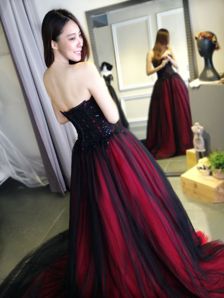 Burgundy Lace Tulle A Line Strapless Long Prom Dresses OK947