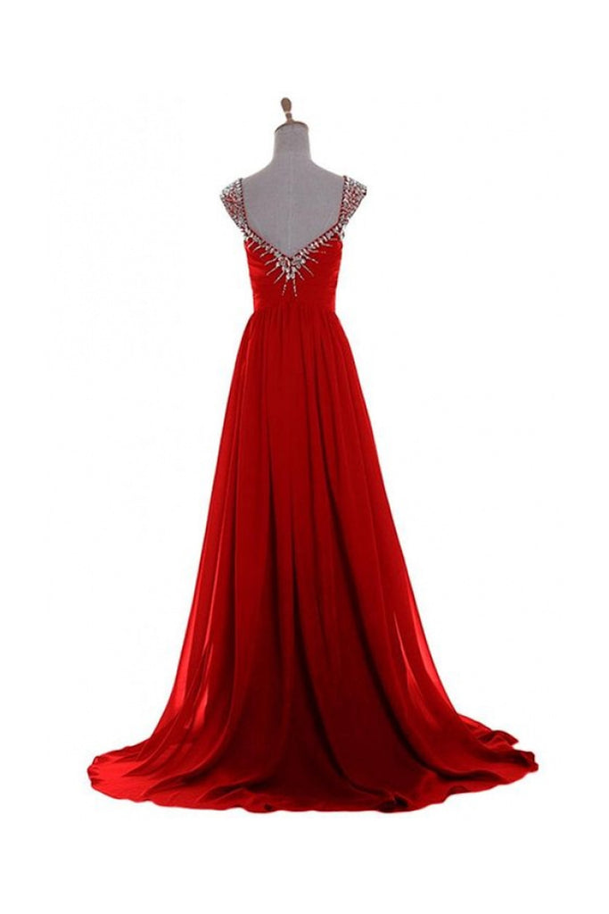 V Neck A-line Red Backless Chiffon Prom Dresses K625