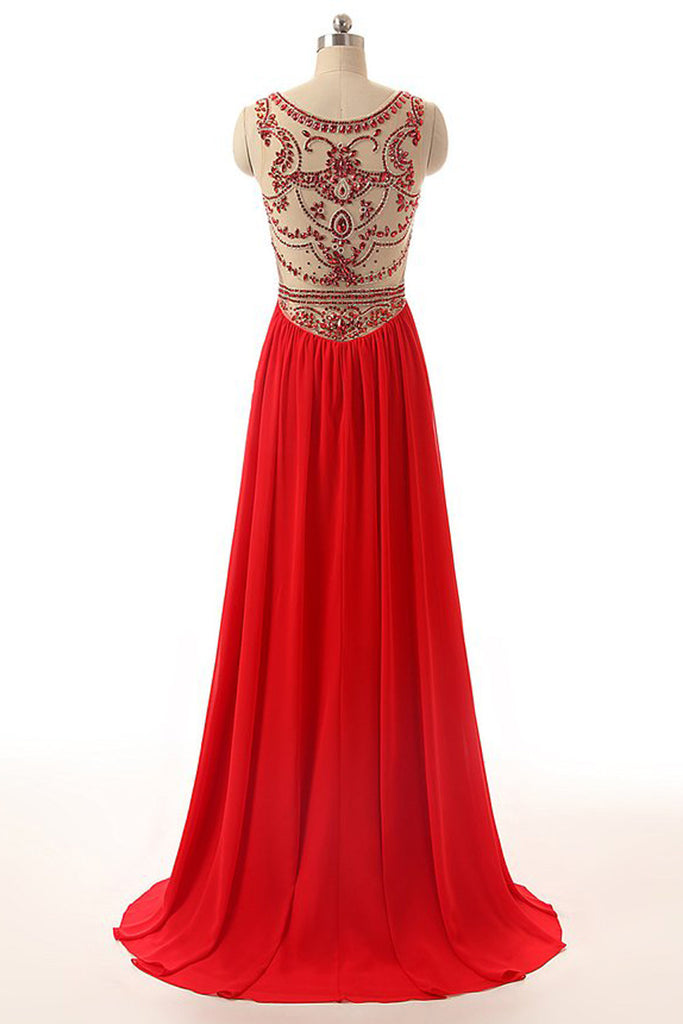 Beaded Long Prom Dresses Red Chiffon Cheap Evening Gown ED0712