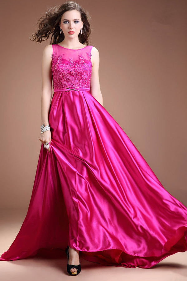 Fuchsia Satin Lace Beaded Cap Sleeves Long Prom Dress ED0839