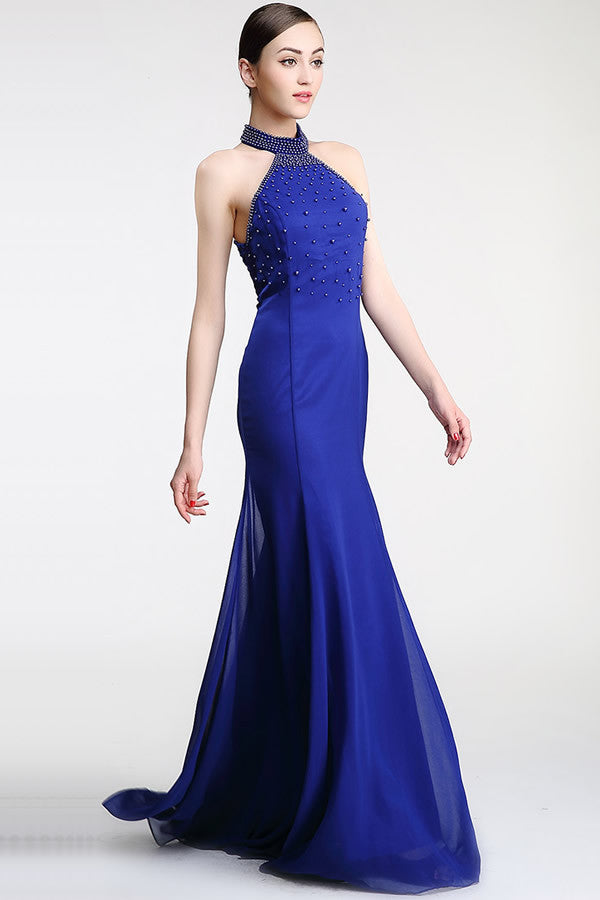 Halter Sheath Royal Blue Mermaid Long Prom Dress ED0843