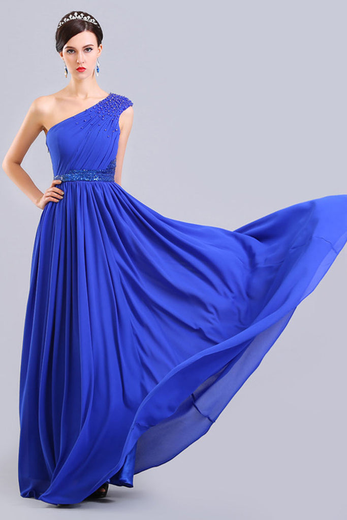 One Shoulder Chiffon Long Royal Blue Simple Prom Dress ED0852