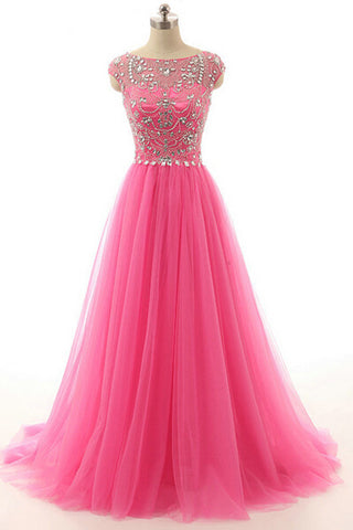 Hot Pink Beaded Long Zipper Modest Evening Prom Dress ED0958
