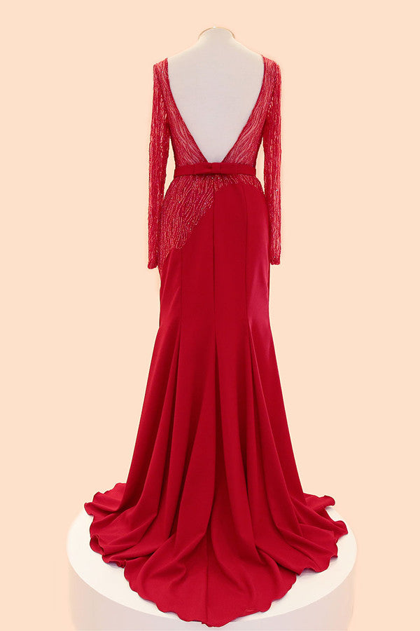 Long Sleeves Red Beaded Cap Sleeves Prom Party Dress ED1033