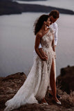 One Shoulder Off White Lace Beach Wedding Dress Simple A Line Slit Bridal Wedding Gown OK1564