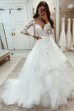 Elegant A-line Long Sleeves Lace Appliques Tiered Tulle Wedding Dresses OK1930