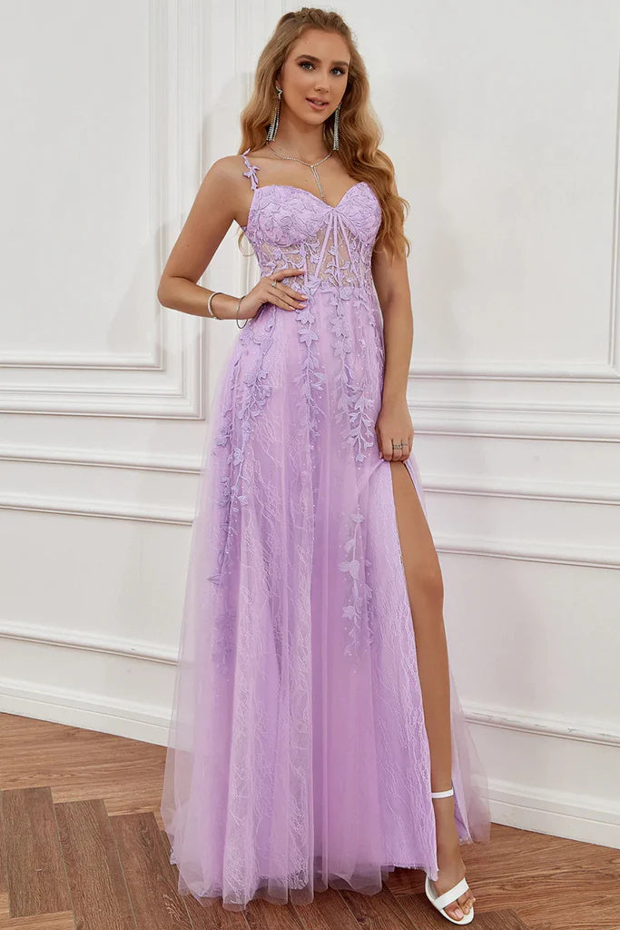 Elegant Off Shoulder Lilac Purple Lace Appliques Long Prom Dresses with High Slit OK1722