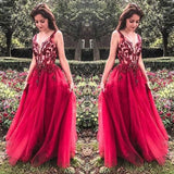 Unique Red V Neck Tulle Appliques Prom Dress, Long Party Gowns OKH15