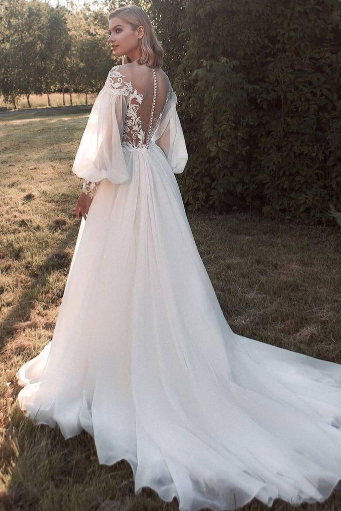 A-line Long Sleeve Lace Appliques Tulle Sheer Neck Wedding Dress OKV24