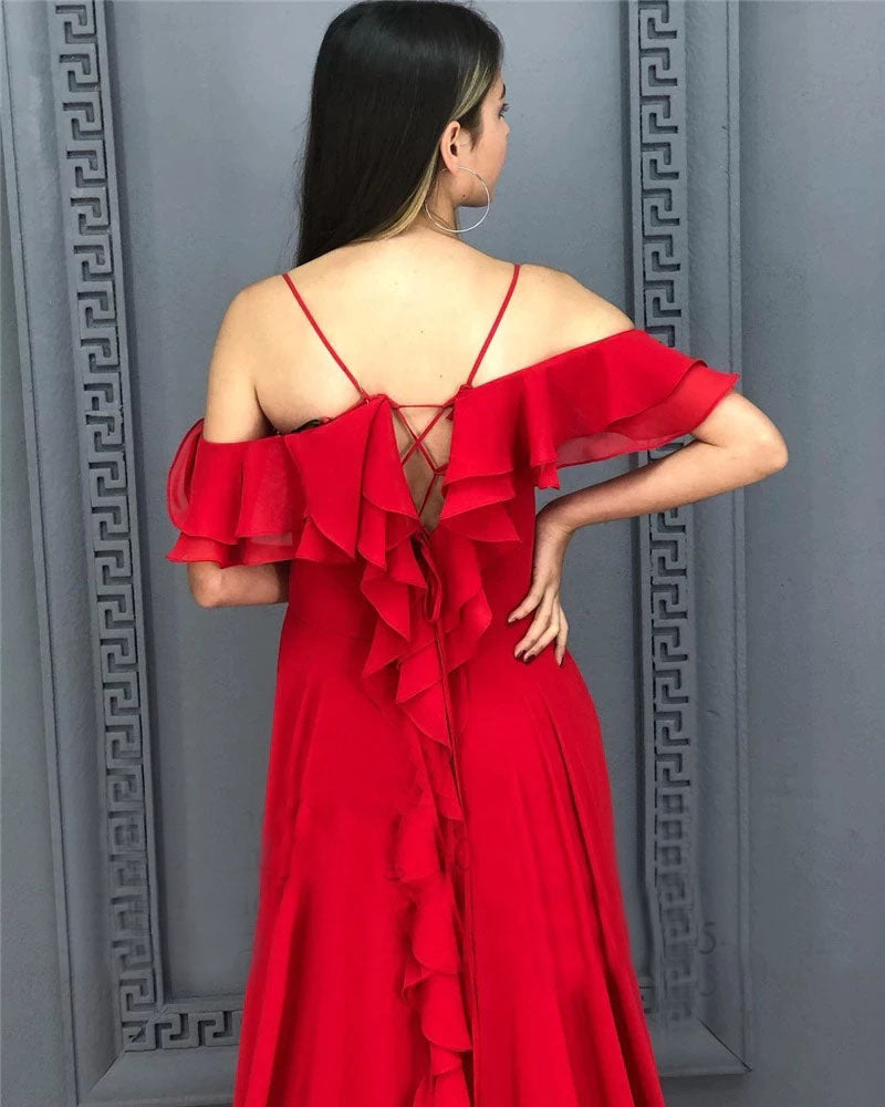 A-line Red Chiffon Prom Dress Long Sexy Split Evening Party Gowns OKW35