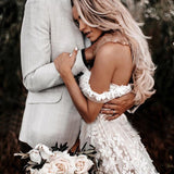 Gorgeous Ivory Lace Appliques Off Shoulder Wedding Dress A-line Long Bride Dresses OKV21