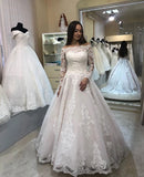 Gorgeous Lace Applique Wedding Dress Boat Neck Long Sleeve Chapel Train A-line Bridal Dress OKW24